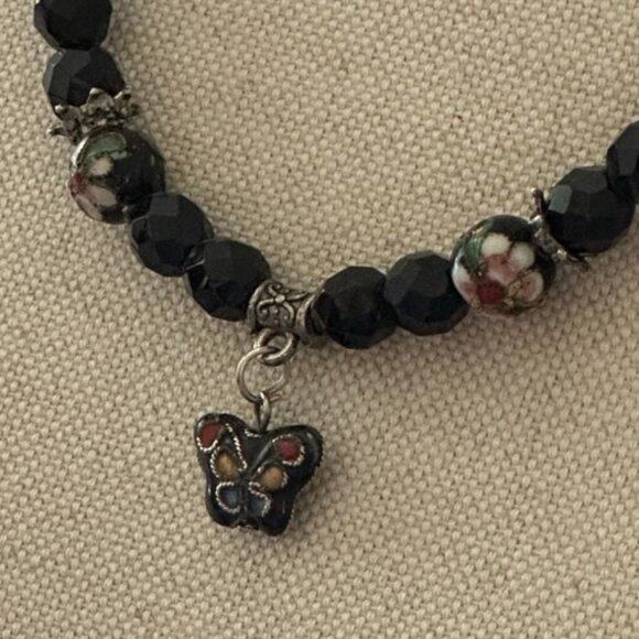 Black Faceted Glass Bead Necklace With Cloisonne Accent Beads & Butterfly Pendan - Picture 5 of 5